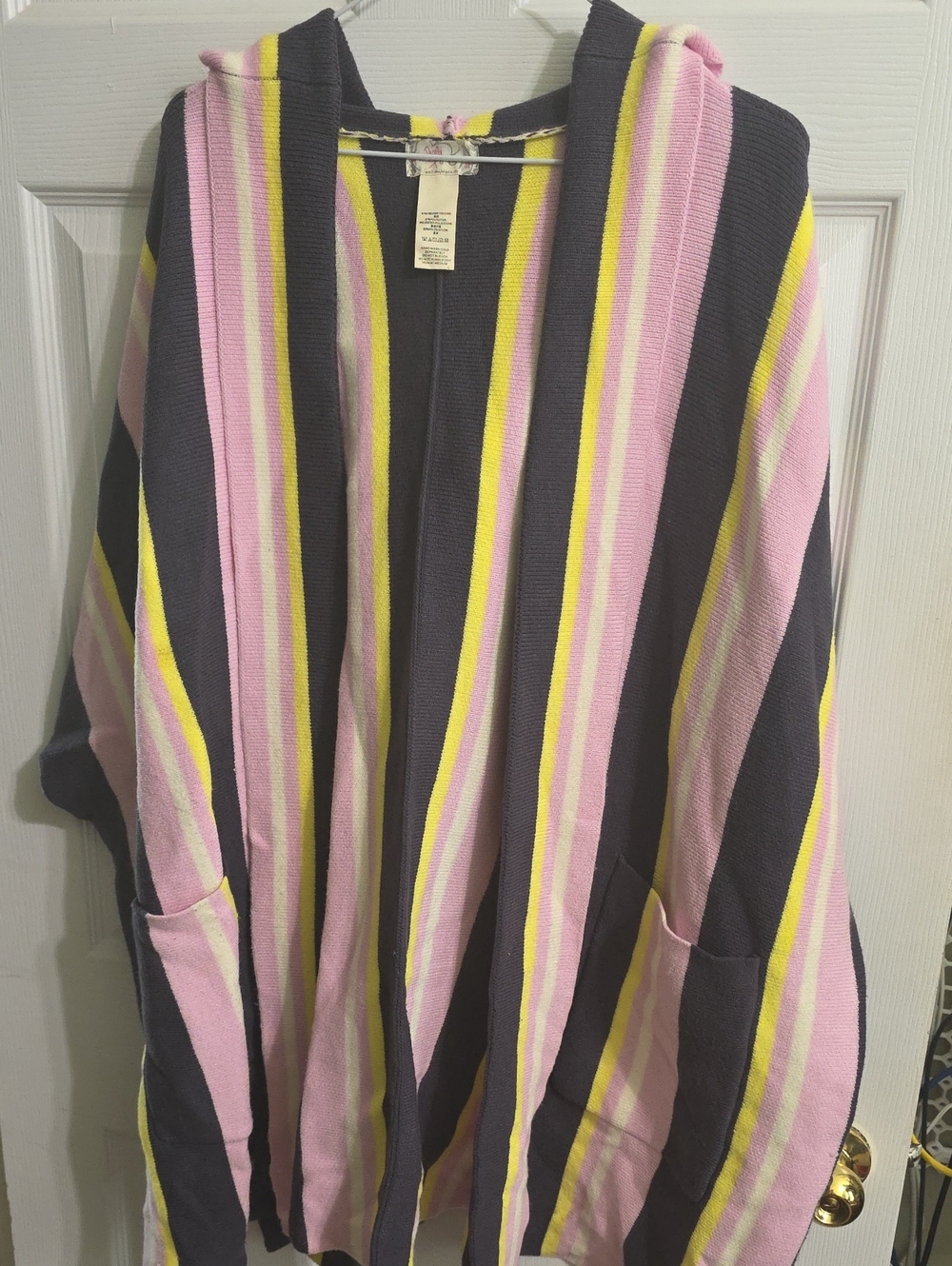 Free People Striped Hooded Cardigan in Pink, Yellow & Black